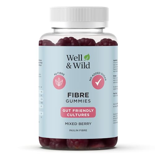 Well & Wild Prebiotic Fibre Gummies – 4g Inulin + Live Cultures – Vegan Gut Health & Digestive Support – Sugar Free – Mixed Berry – 60 Fiber Gummies (30 Day Supply)