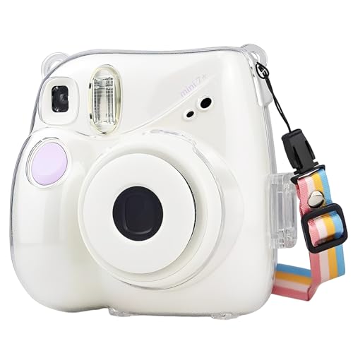 pssped Protective Camera Case Compatible with Fuji Instax Mini 7s Silicone Case Mini 7+ Camera Custom Fit Clear PP Protective Cover with Shoulder Strap and Photo Pocket Compact Carrying Storage