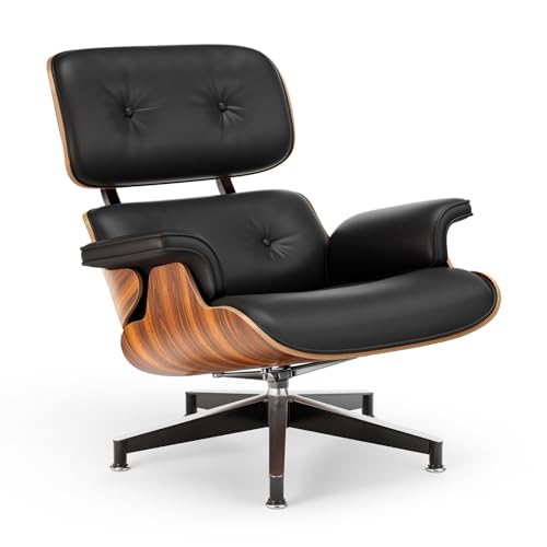 Image of Top Black PU Leather, Mid Century Chaise Lounge Chair and Ottoman, Modern Chair Classic Design, Palisander Wood, Heavy Duty Base Support for Living Room Office