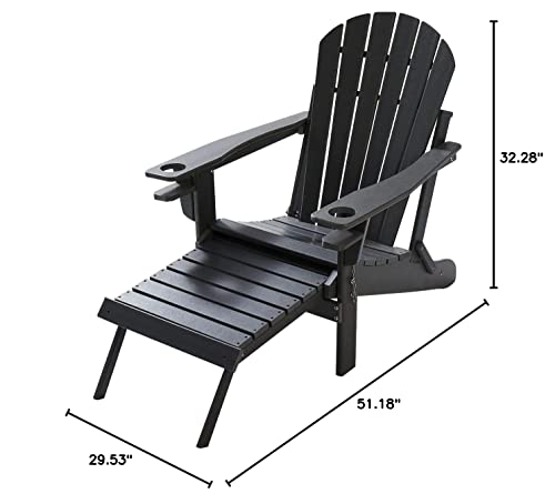 Rio All-Weather Outdoor Folding Adirondack Chair With Ottoman Classic Lounge Chair Water Resistant Slatted Design With Footrest For Patio, Garden, Beach, Pool (Black) #TOP7