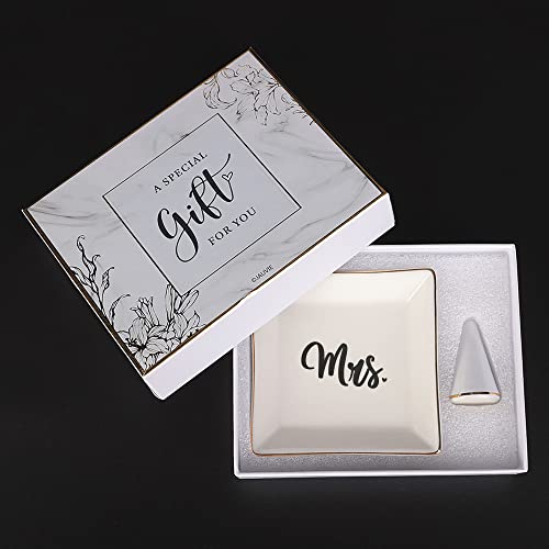 Jauvie Mrs Ring Dish, Ceramic Trinket Tray - Engagement Gifts For Women - Engagement Ring Holder - Bride Jewelry Dishes For Women - Wedding Jewelry Tray Gifts For Engaged Friend - Miss To Mrs Gift #TOP3