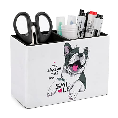 Niapessel Pencil Holder for Desk, Funny Boston Terrier Dog Pen Holder Storage Desktop Pen Organizer Desk Pencil Organizer Makeup Brush Holder for Office School College Leather