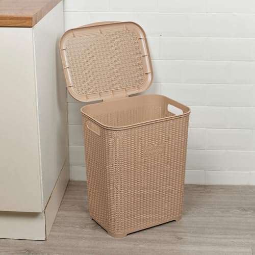 URBNLIVING 45L Plastic Laundry Basket Dirty Clothes Washing Storage Hamper with Handles & Lid (Cappuccino) - Image 4