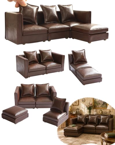 iLAND Dollhouse Furniture Sectional Dollhouse Couch Set Brown Faux Leather