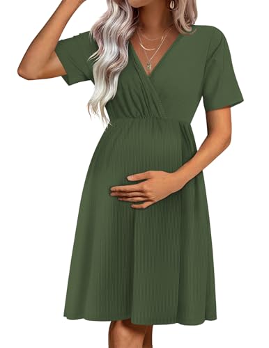 Image of Ekouaer Maternity Nursing Dress V Neck Short Sleeve Breastfeeding Dresses Ribbed Knit Pregnancy Clothes S-XXL