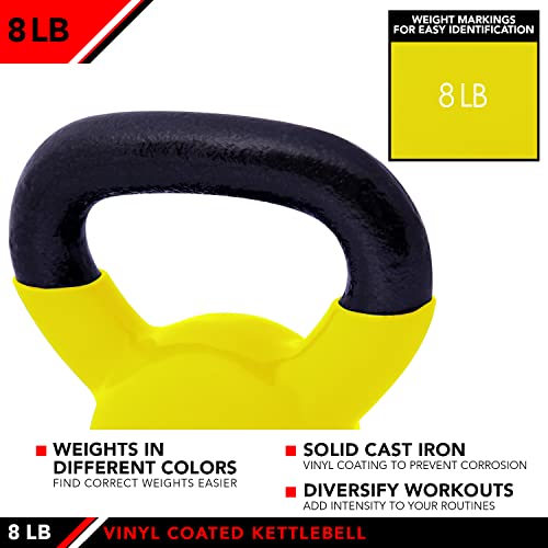 JFIT Vinyl-Coated Cast Iron Kettlebell Weight – Flat Bottom Kettlebell for Strength Training, Cross Training & Home Gym Workouts, 8LB-Yellow by JFIT - Image 4