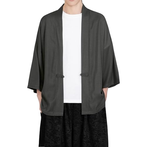 Image of Mens Kimono Cardigan Cotton Linen Japanese Shirt 3 /4 Sleeve Haori Yukata | Skin-Friendly Solid Color Lightweight Shawl Collar Kimono Robe Embroidery Button Tie Pockets Happi Coat All Season Daily Wear