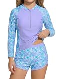 JiAmy Dziewczęcy strój kąpielowy 2-częściowy zestaw Rash Guard z długim rękawem, ochrona przed promieniowaniem UV, stroje kąpielowe z szortami, zamek błyskawiczny do połowy, tie dye, syrenka