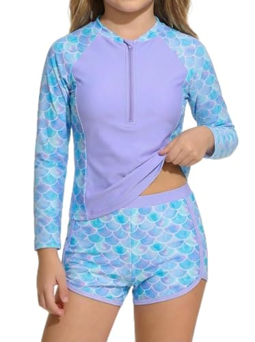 JiAmy Dziewczęcy strój kąpielowy 2-częściowy zestaw Rash Guard z długim rękawem, ochrona przed promieniowaniem UV, stroje kąpielowe z szortami, zamek błyskawiczny do połowy, tie dye, syrenka