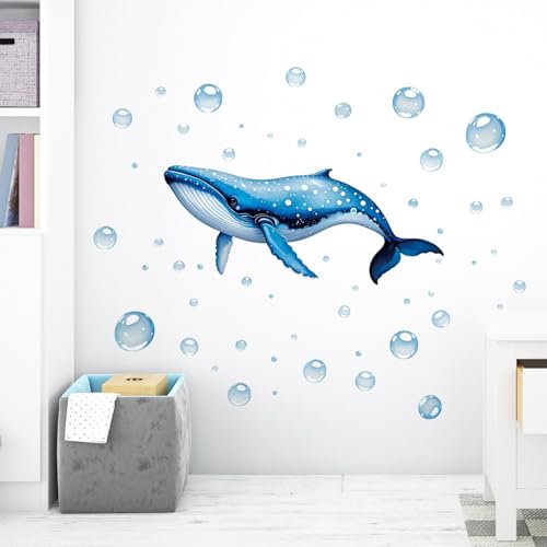 FUFUQUARE Autocollants Muraux Baleine Bleue Aquarelle Sous la mer Bulles Stickers Muraux PVC Adhésifs Amovibles pour Chambre d'enfant Salle de Bain à Coucher Salon