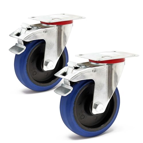 Wiltec Jeu 2x Roulette pivotante en plastique – Ø 125 mm – Capacité de charge 200 kg – Roue avec blocage total et Plaque de montage – Transport Appareil Accessoire Meuble – Usage silencieux sans trace