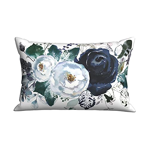 Wozukia Watercolor Floral Decorative Throw Pillow Cover Bouquet Roses Peonies Leaves Boho White Grey Indigo Blue Navy Lumbar Pillowcase Oblang Cushion Cover For Sofa Bedroom Car Queen Size 20X30 Inch #TOP17