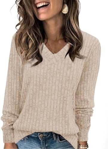 Fisoew Damen Pullover V-Ausschnitt Oversize Langarmshirt | Casual,Strickpullover,Oberteil,Loose Fit,Pulli,Oversize,Sweatshirt,Longsleeve,Bluse