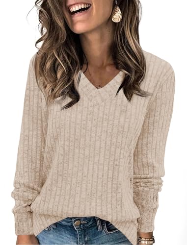 Fisoew Damen Pullover V-Ausschnitt Leicht Langarmshirt Elegant Gerippt Strickpullover Basic Sweatshirt Loose Oberteil mit Knopf,Khaki,XXL Fisoew Damen Pullover V-Ausschnitt Leicht Langarmshirt Elegant Gerippt Strickpullover Basic Sweatshirt Loose Oberteil mit Knopf,Khaki,XXL