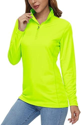 MAGCOMSEN Women's Long Sleeve Hiking Shirt - Athletic Fit, Sun Protection, Zip-Up, Fluorescent Green