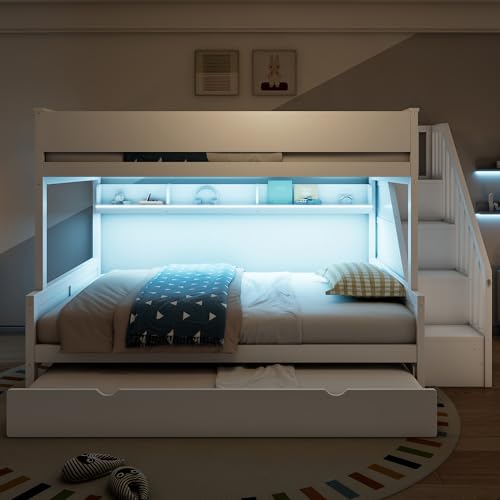 Full XL Over Queen Bunk Bed with Storage Staircase and Trundle,White