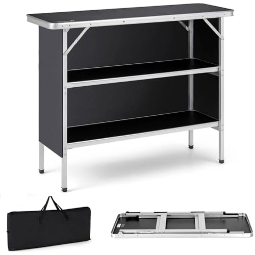 SPOTRAVEL Folding Camping Table, 3.6FT Heavy Duty Aluminum Picnic Table with 2-Tier Shelves, Removable Oxford Cloth & Carry Bag, Compact & Portable Outdoor Dining Catering Table for BBQ Party (Black)