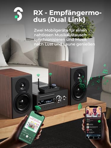 SOOMFON Bluetooth 5.3 Sender Empfänger mit Doppelantenne, 3-in-1 BT Audio Adapter für 2 Kopfhörer, Bluetooth Transmitter Receiver für TV/Stereoanlage, mit Bildschirm & Lautstärkeregelung, Aux/Optisch