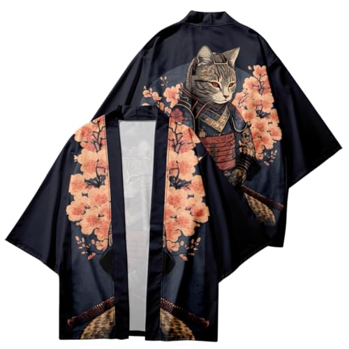 GK-O Unisex Samurai Cat Kimono Cardigan Haori Jacket – Japanese Anime Cosplay Open Front Streetwear Festival Coat (Medium)