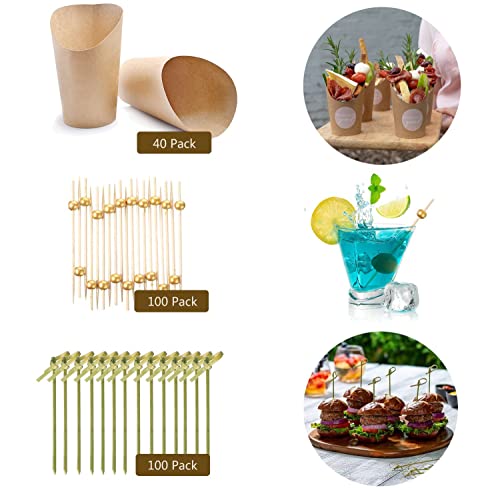 Yestoo Kraft Charcuterie Cups With Bamboo Cocktail Picks Set,200 Picks + 40 Cups 14Oz, Disposable French Fries Cups, Appetizer Snack Cups #TOP6