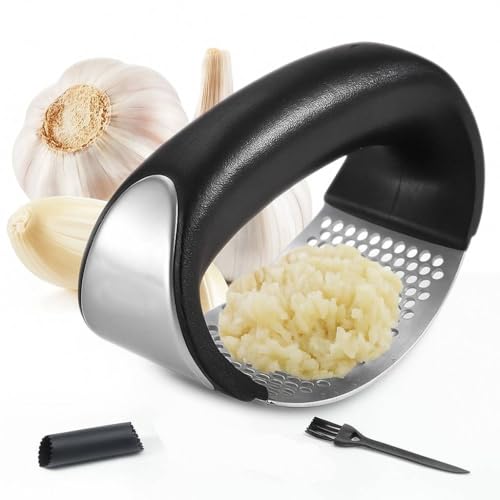 Stainless Steel Garlic Press Rocker, Crusher, Masher – Portable Manual High Perfomance Garlic Mincer, Chopper for Kitchen Appliences, Easily Crush Garlic