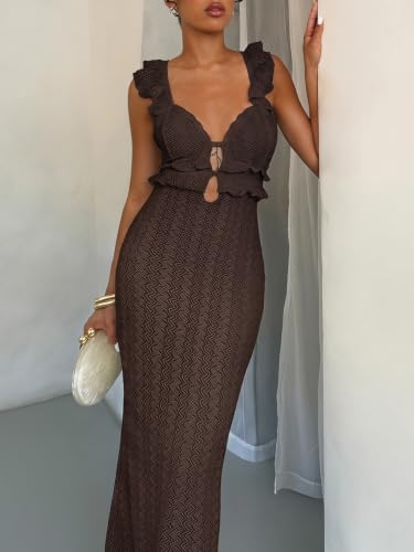 Image of SOLY HUX Women's Maxi Dress Crochet Ruffle Sleeveless Backless Bodycon Long Dresses