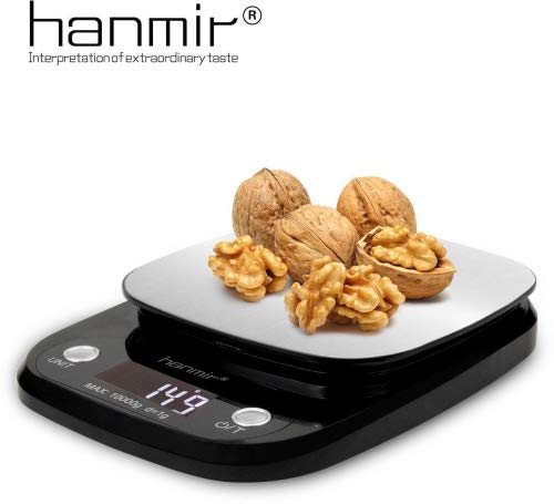 Hanmir Báscula Digital de Cocina Peso de Cocina 10 Kg/ 1 g, Acero Inoxidable, Pantalla LCD, balanza de Cocina, Negro(Baterías Incluidas)
