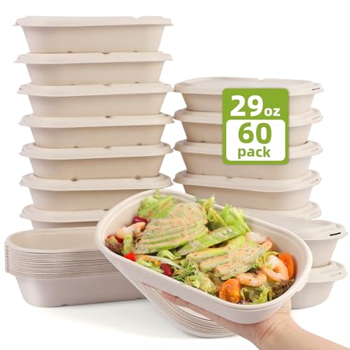 60Pcs(29oz) Disposable Meal Prep Lunch Food Takeout Salads Sandwiches Bowls Containers with Lids,Compostable Biodegradable to go Food Microwavable Freezer Safe Containers for Party Camp out.