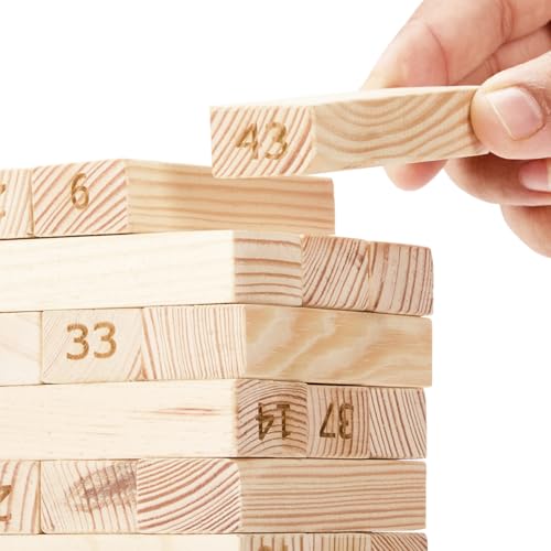 Image of Amazon Brand - Jam & Honey- 54pcs Premium Hardwood Tumbling Tower,4 Dices | Wooden Building Blocks | Stacking Tower Game |Party Game, Birthday Gift for Adults and Kids Age 6+, Multiplayers