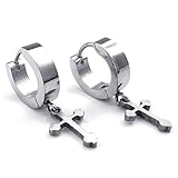 KONOV Mens Womens Stainless Steel Cross Huggie Hinged Hoop Earrings, Silver