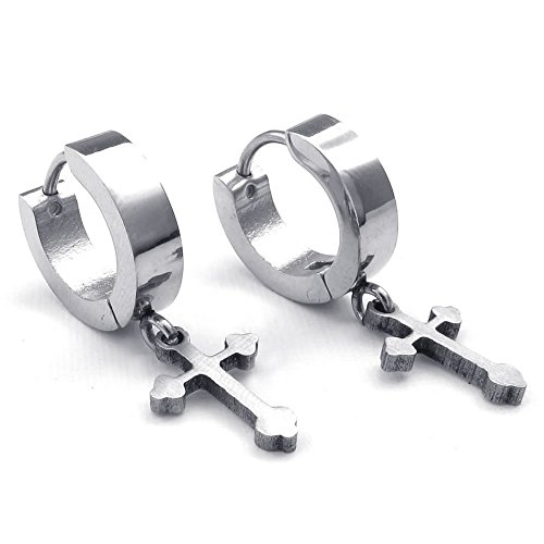 KONOV Mens Womens Stainless Steel Cross Huggie Hinged Hoop Earrings, Silver