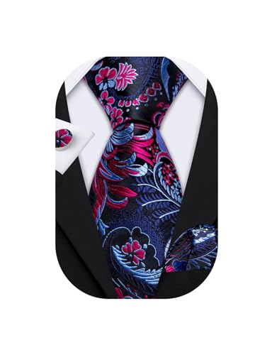 Barry.Wang Navy Blue Flower Ties for Men Silk Woven Floral Tie Sets Necktie Handkerchief Cufflinks Wedding Party
