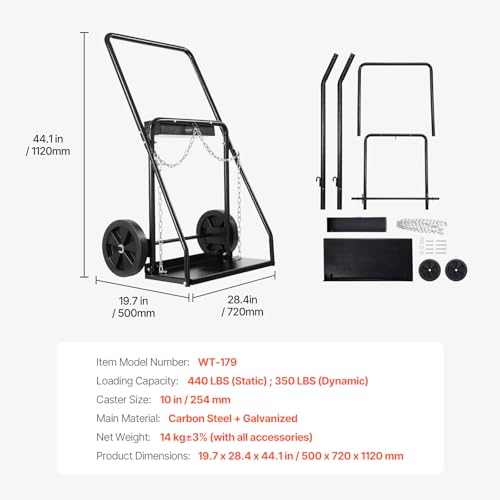 VEVOR Dual Welding Cylinder Cart, Oxygen Acetylene Tank Cart with 440LBS Static Weight Capacity, 10-Inch Solid Wheels and Tank Storage Safety Chains, Suitable for Double 12.5-Inch Dia. Gas Cylinders by VEVOR - Image 7
