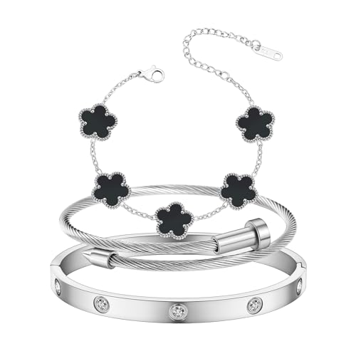 Jade cabbage Gold Bracelets for Women 18K Gold Plated Love Friendship Bracelet With Cubic Zirconia Cuff Bangle Jewelry Set Witness the Gift of Love (Silver 3pcs-B Medium 6.5")