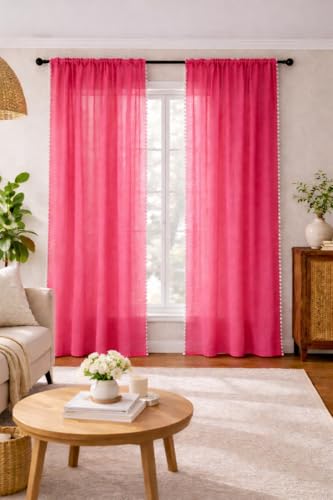 Image of THE LINEN COMPANY Cotton Curtains Net Curtains with Pom Pom Lace Rod Pocket Sheer Curtains Light Filtering Window Curtains Living Room Curtains Pink 10 Ft Pack of 2