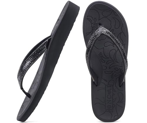 ONCAI Women's Flip Flops with Rhinestone, Arch Support Yoga Mat Comfort Walking Thong Sandal Summer Beach Outdoor Dressy Sandals for Women 2025 Walking Ladies Sandal Rubber Sole Black Size 7.5