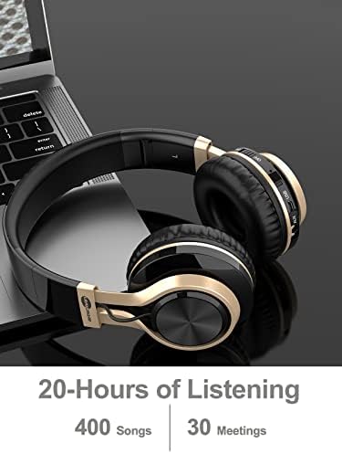 BASEMAN Wireless Bluetooth Headphones Over Ear, Long Battery Life Stereo Deep Bass Headphones with Microphone TF Card Slot Wired Headset for iPhone Android Computer School Teens Boys Men - Black Gold