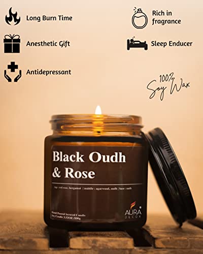 Image of AuraDecor Scented Jar Candle | Handpoured Soy Wax Candle with Long Lasting Burn Time | Premium Amber Jar Aromatherapy Candle | Ideal Gift for Home & Decor (Large, Black Oudh & Rose)