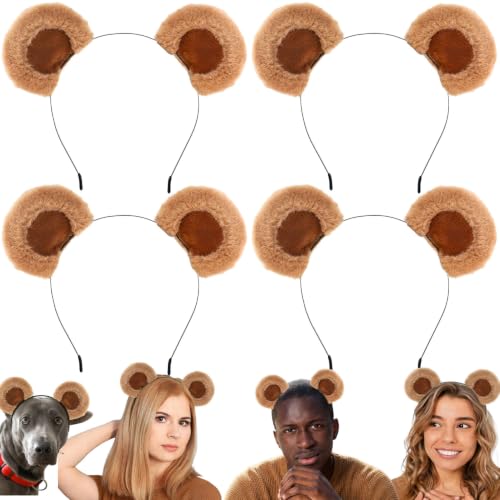 DaliDali 4 Count Movable Brown Bear Ears Headband With Adjustable Ears Bear Ear Hairband for Makeup Face Washing Fluffy Bear Headband Bear Costume Adult Women