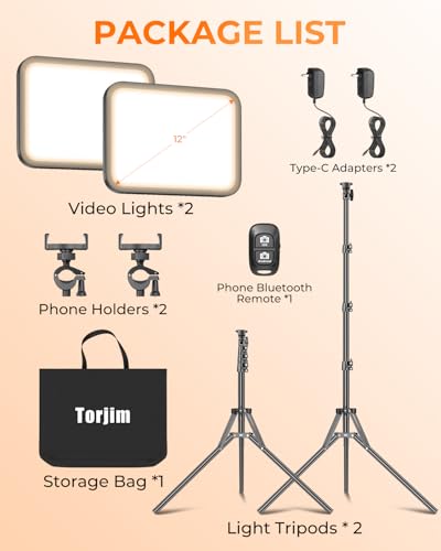 Torjim 12\'\' LED Video Light Kit | High Brightness | 5 Lighting Modes | 3000-6500K Studio Lights with Tripod Stand, Phone Holder &Wireless Remote | Professional Photography Lighting for Video Recording
