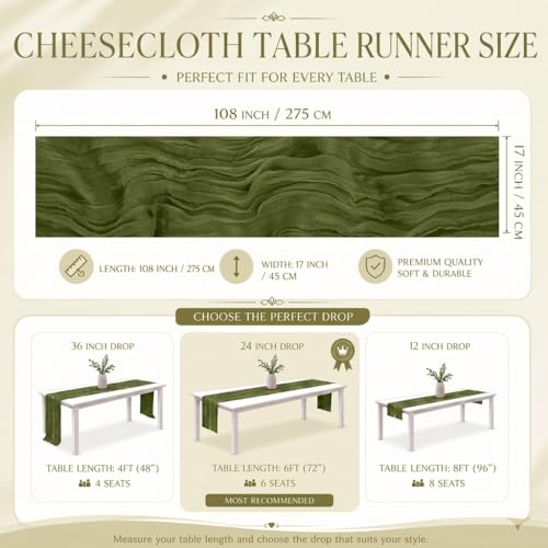 12 Pack Olive Green Cheesecloth Table Runner 17x108 Inch Boho Rustic Semi Sheer Gauze Cheese Cloth Table Runner for Wedding Bridal Shower Baby Shower Party Farmhouse Dining Table Decor by GRYSERIN - Used condition - Image 3