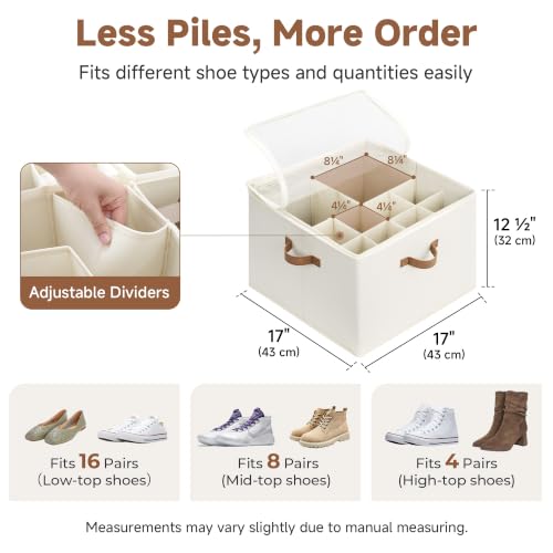 StorageWorks Shoe Organizer for Closet, Shoe Storage Cubby Containers with Adjustable Dividers and Clear Cover, Fits up to 16 Pairs, Foldable Shoe Storage Box for Closet, Entryway, Beige by StorageWorks - Image 2