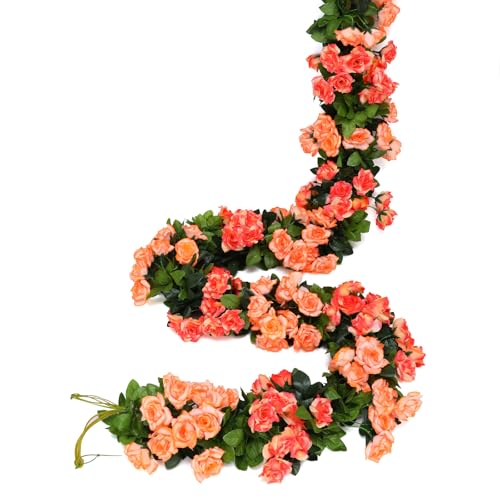 JUSTOYOU 2pcs 7.8FT zweifarbige künstliche gefälschte Rosengirlande Wein hängen Seide Blume künstliche Blume für Außen- und Innenhochzeit Wand schlechte Dekoration(orange, 13 Rosenköpfe)