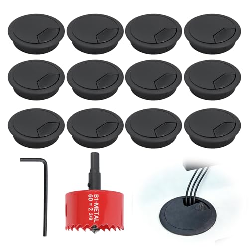 12 Pcs Black Desk Grommet, 2.36″/60mm Desk Cable Hole Cover with 60mm Hole Saw, Black Plastic Cable Grommet Round Desk Hole Cover for Wire Organizer, Home and Office Table Cable Cord Management