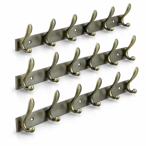 Image of Exclusive Extra Long 40 cm Antique Brass 6 Pin Metal Bathroom Cloth Hooks Hanger Door Wall Robe Hooks Rail for Hanging Keys, Clothes, Towel (3, Antique)