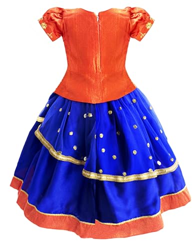 Image of Girls Designer Lehenga Choli Set Orange Rani Pink Readymade Pattu Pavadai Style Traditional Ethnic Dress for Baby Girls Kids Festive Wedding 3Months-8 Years