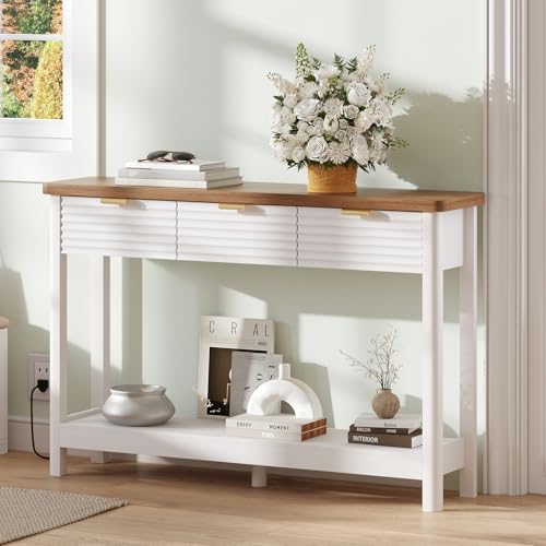 47.2" Long Entryway Console Table,Fluted MDF Wood Console Tables with 3 Drawers & Built-in Desktop Outlets,Rectangular Sofa Table Behind The Couch,for Foyer,Entrance,Hallway,Living Room,White