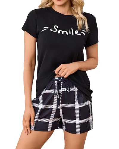 difficort Pj Sets for Woman Comfy Short Sleeve and Shorts Sleepwear Loungewear Sets, Black, Small
