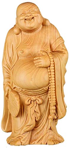 Statue de Bouddha riant en buis sculpté main pour decoration zen de maison