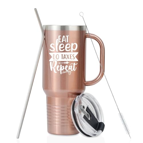 Onebttl Accountant Gifts for Women, Funny Tax Season Gifts for Auditor, Coworkers, Insulated 40oz Stainless Steel Tumbler with Handle and Straw Lid - Eat Sleep Do Taxes Repeat